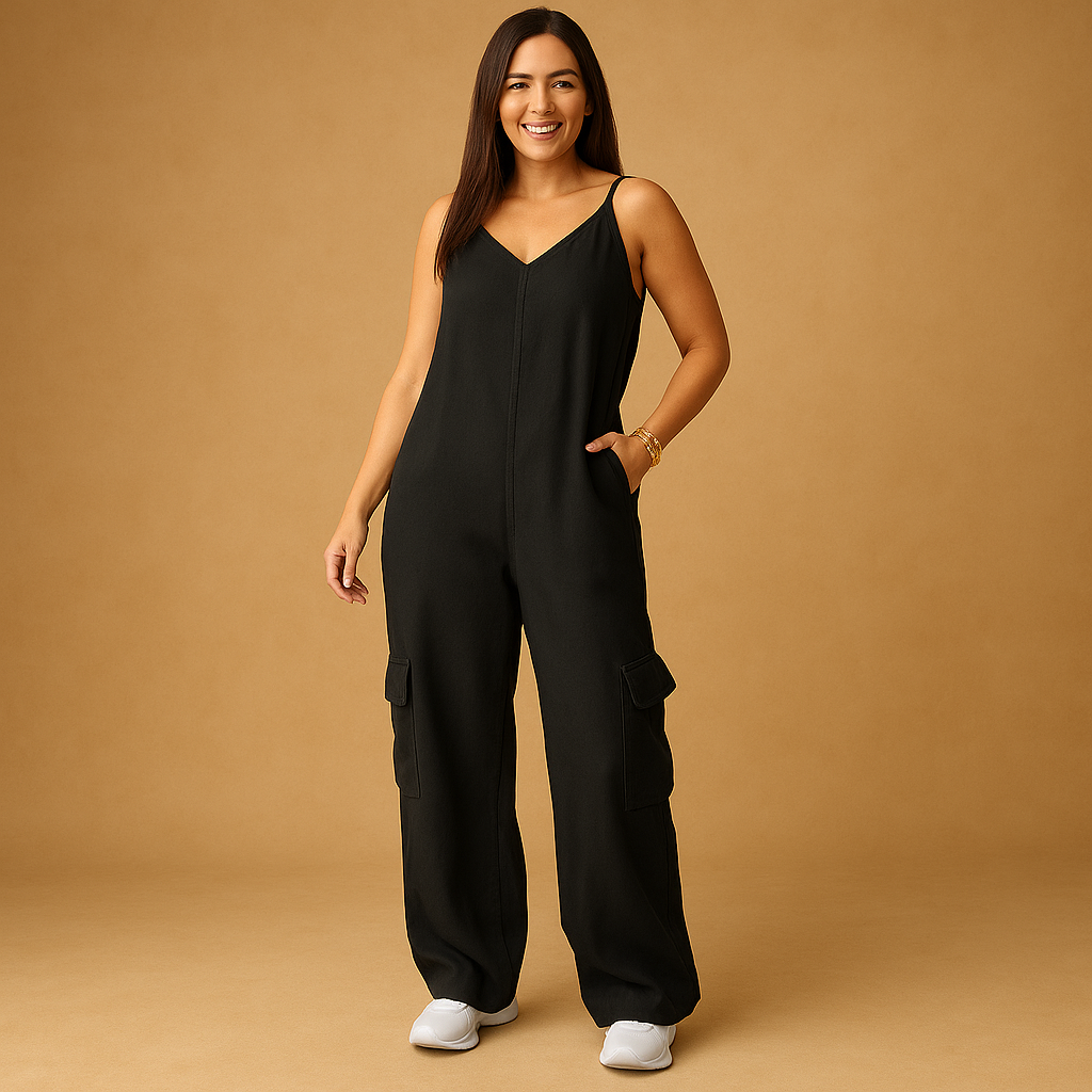 Denim jumpsuit with V-neck and open back for women | Brielle 0