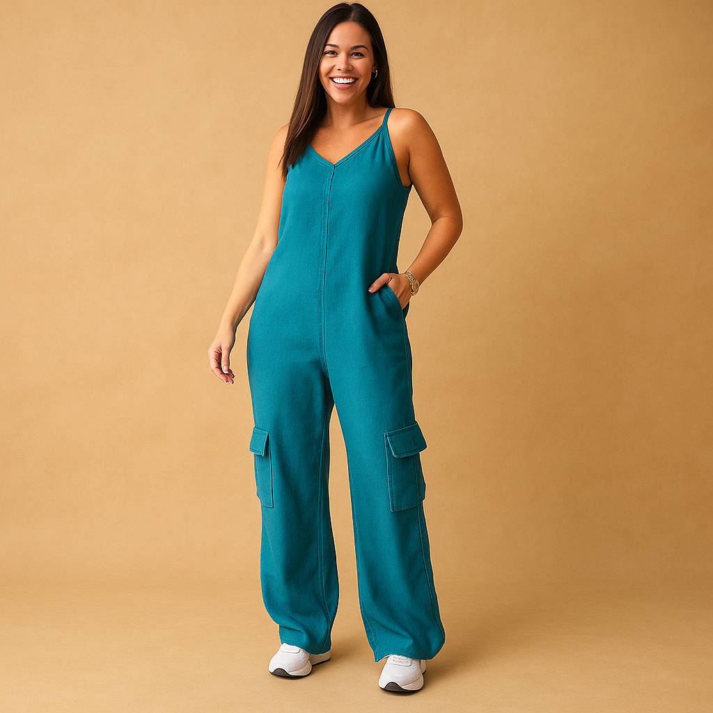 Denim jumpsuit with V-neck and open back for women | Brielle 1