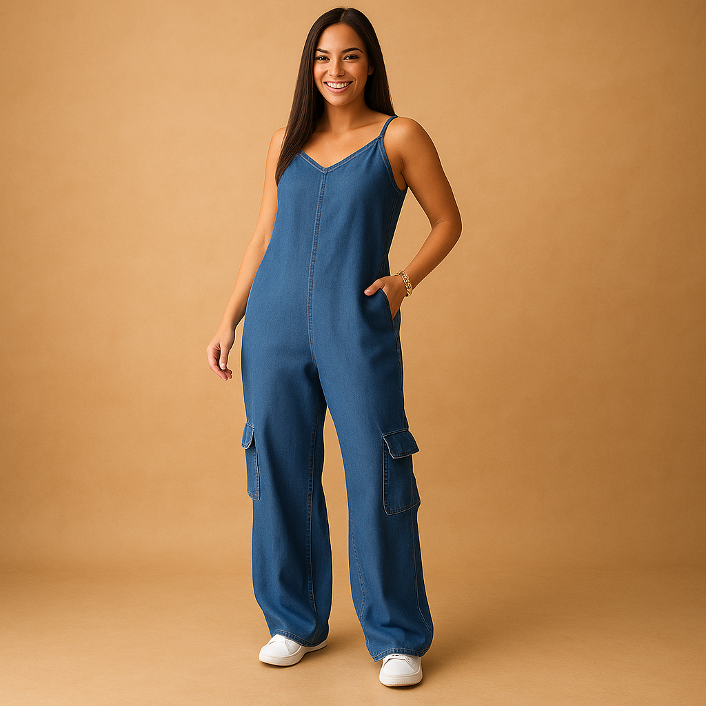 Denim jumpsuit with V-neck and open back for women | Brielle 2