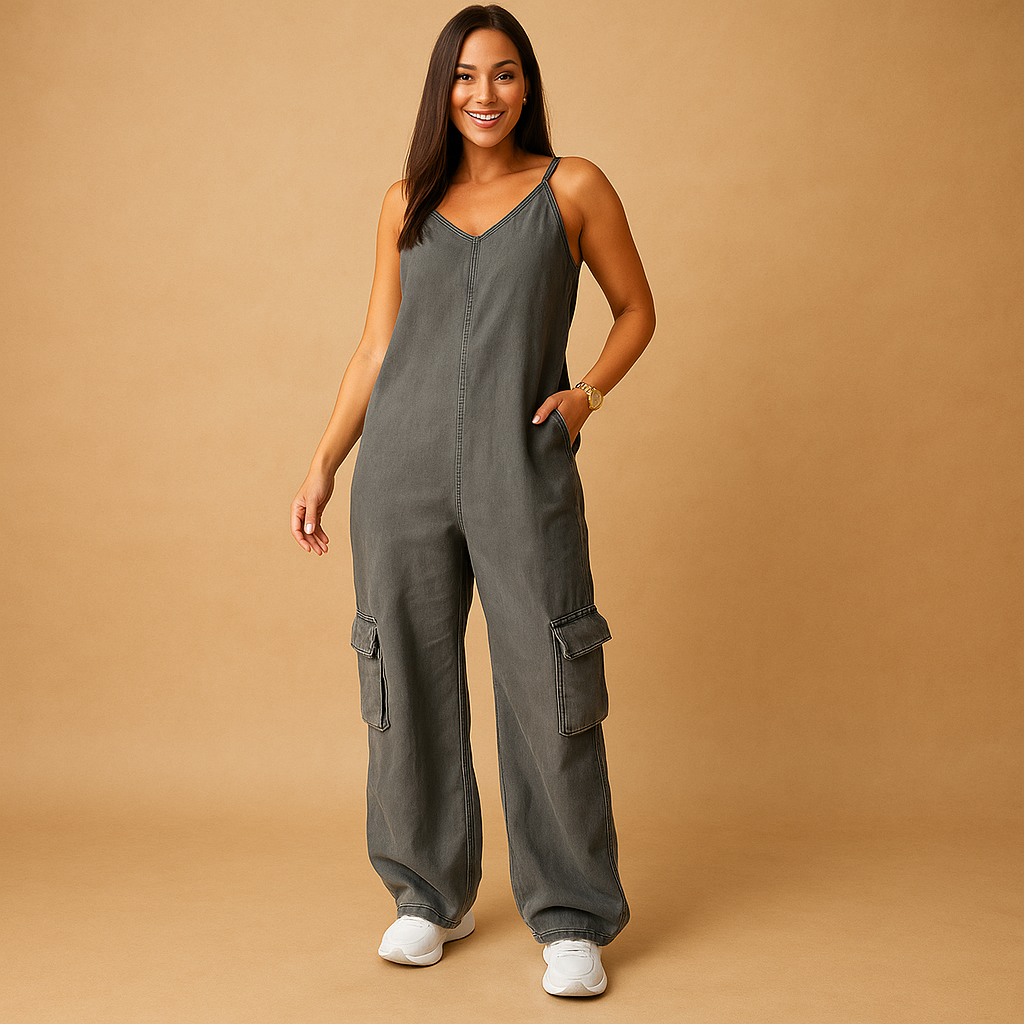 Denim jumpsuit with V-neck and open back for women | Brielle 3