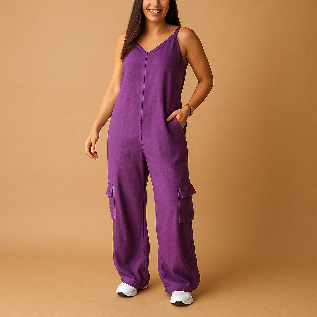 Denim jumpsuit with V-neck and open back for women | Brielle 4