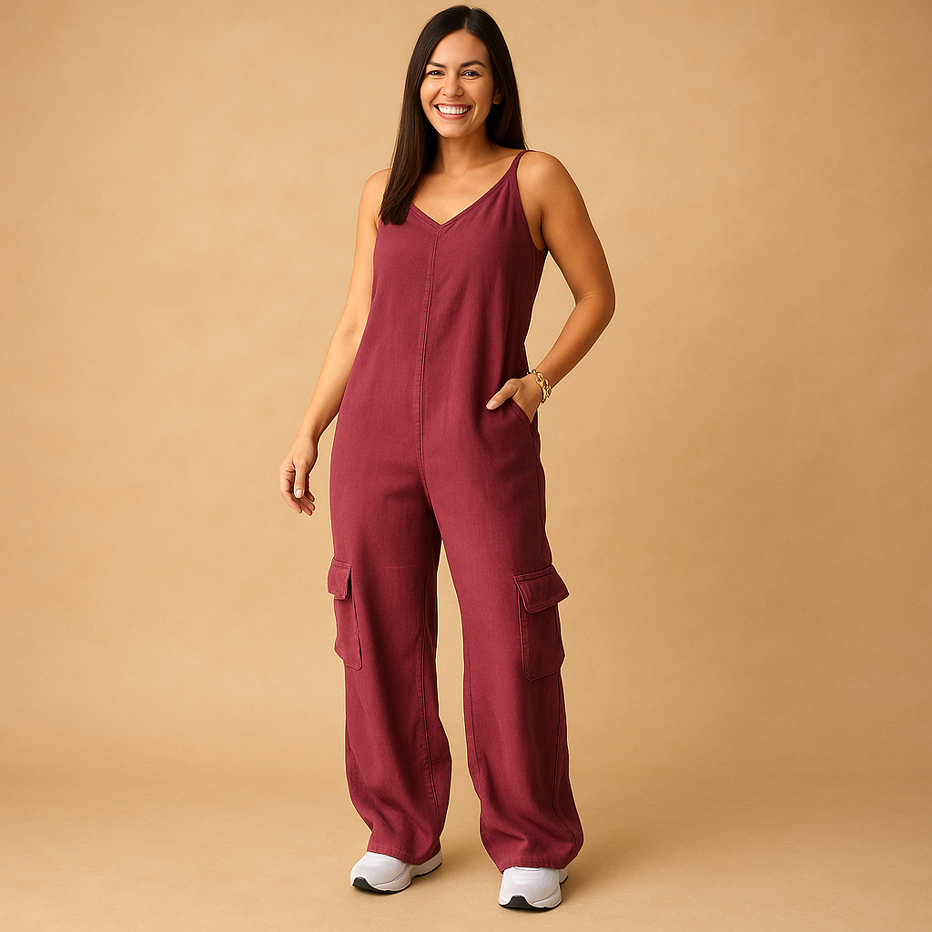Denim jumpsuit with V-neck and open back for women | Brielle 5