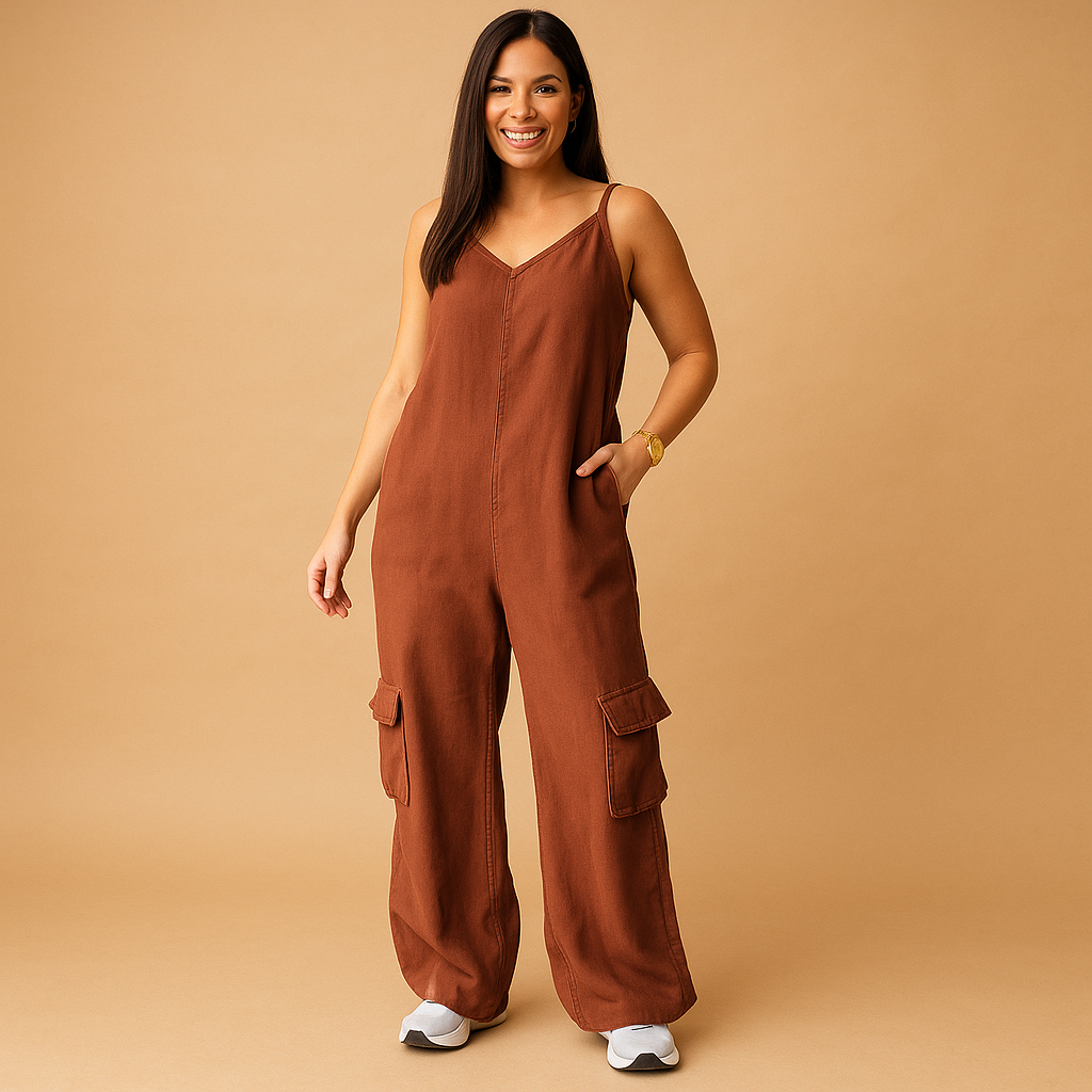 Denim jumpsuit with V-neck and open back for women | Brielle 6