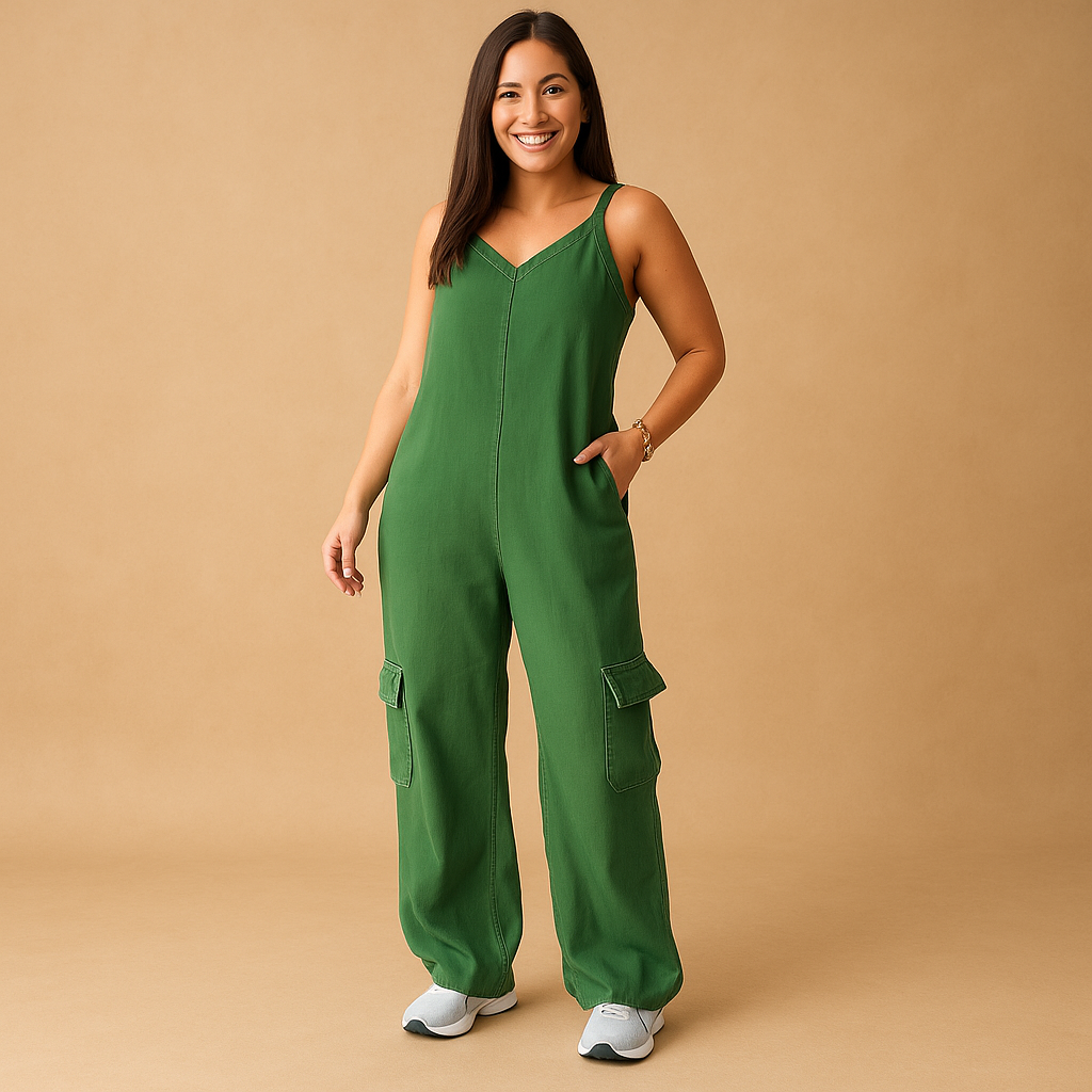 Denim jumpsuit with V-neck and open back for women | Brielle 7