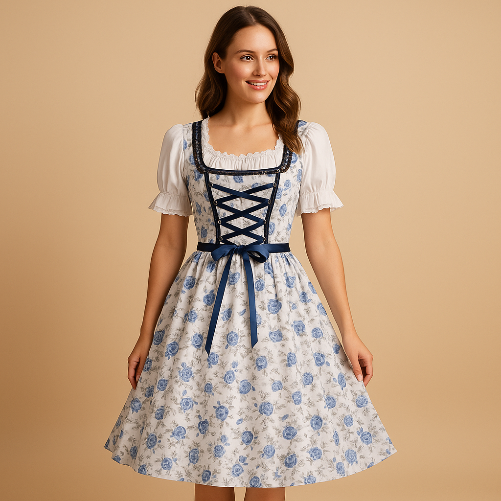 Elegant blue lace party dress with apron for women | Christy 1