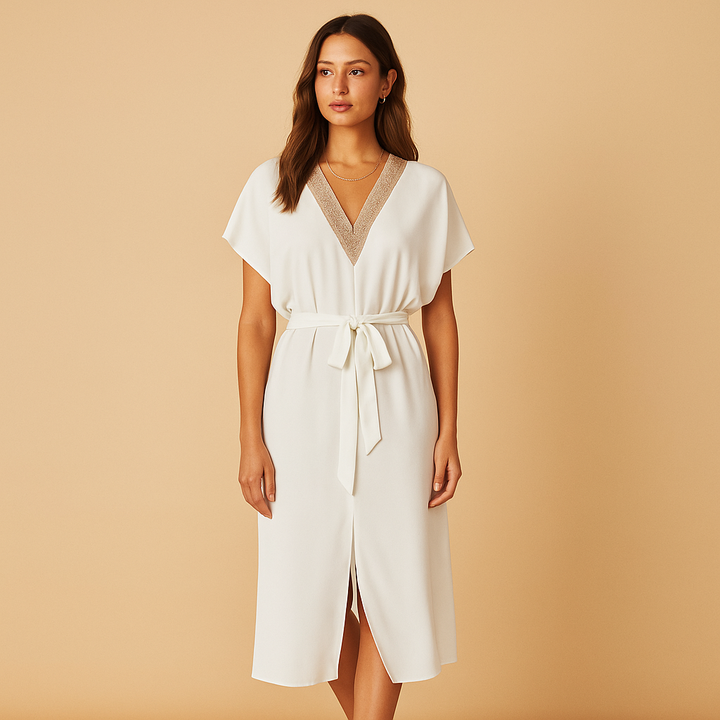 Elegant white midi dress with V-neck for women | Yara 0