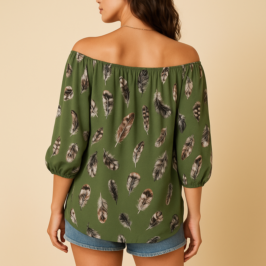 Feather print V-neck blouse for women | Nora 3