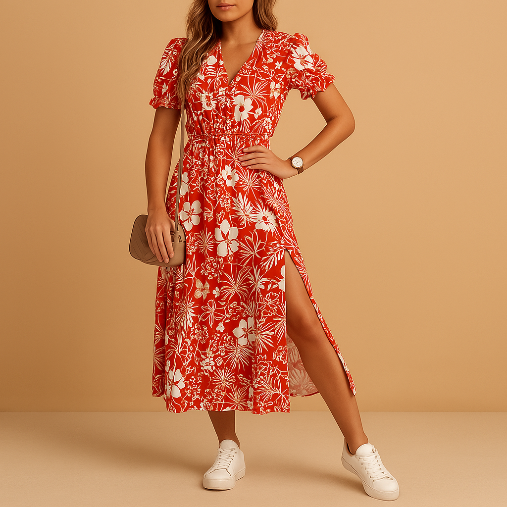 Printed summer maxi dress with V-neck for women | Isla 1