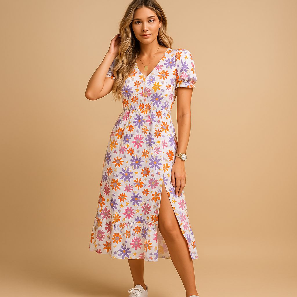 Printed summer maxi dress with V-neck for women | Isla 5