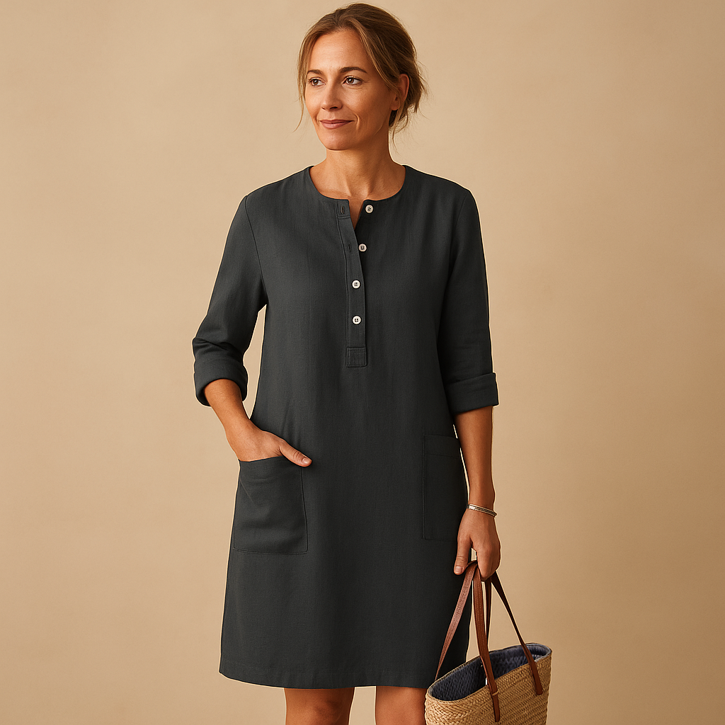 Relaxed button-down long casual dress with pockets for women | Hazel 0