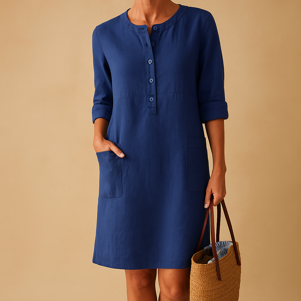 Relaxed button-down long casual dress with pockets for women | Hazel 1
