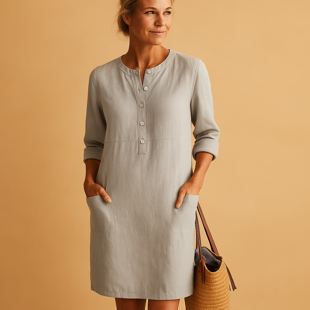 Relaxed button-down long casual dress with pockets for women | Hazel 2