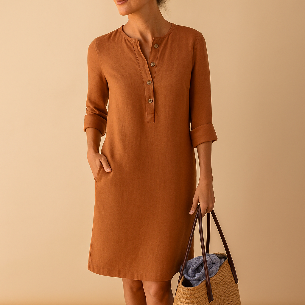Relaxed button-down long casual dress with pockets for women | Hazel 4