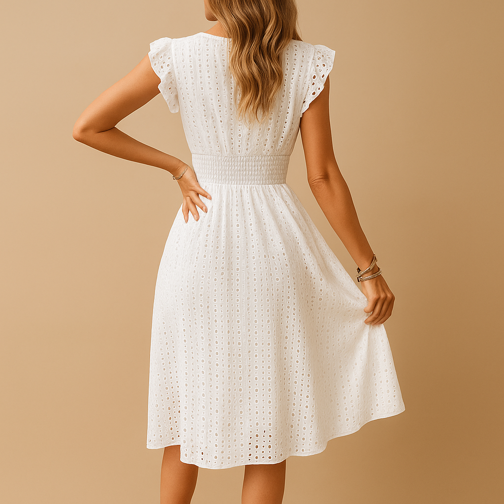 White midi summer dress with ruffle detail for women | Like 4