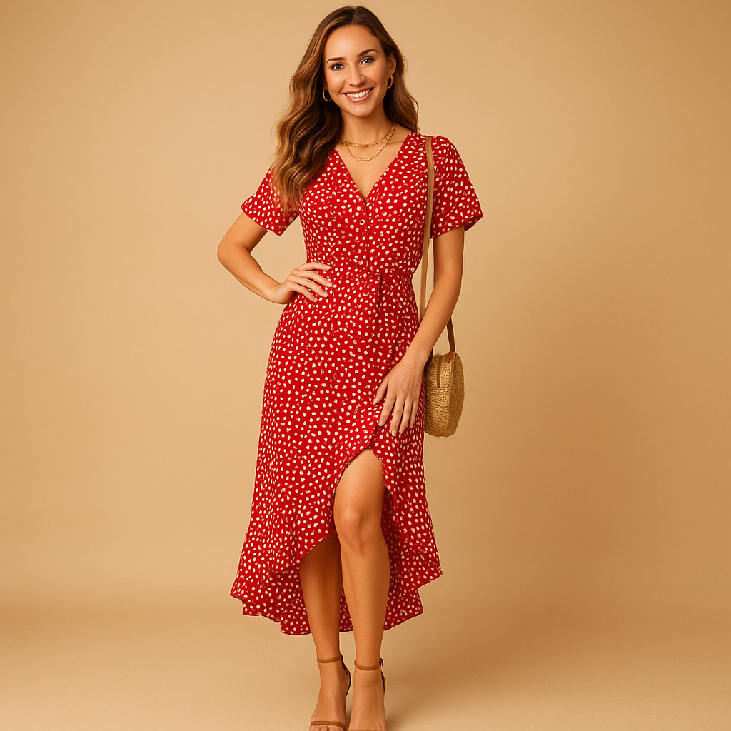 Wrap summer dress with V-neck and asymmetrical skirt for women | Mila 4