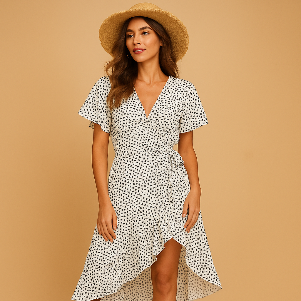 Wrap summer dress with V-neck and asymmetrical skirt for women | Mila 5